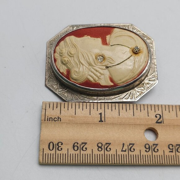 Victorian Cameo Pin C Clasp Rhinestone Accents Oval Portrait Silver Tone Frame - Picture 4 of 4